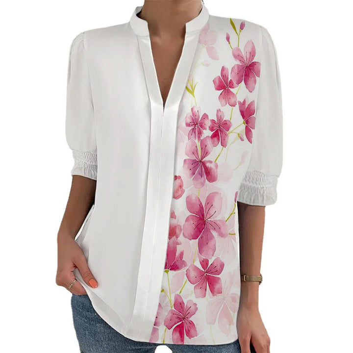 Women Floral Print Tunic Blouse with Stand Collar, Slit V-Placket and Gathered 3/4 Sleeves Mune Fashion