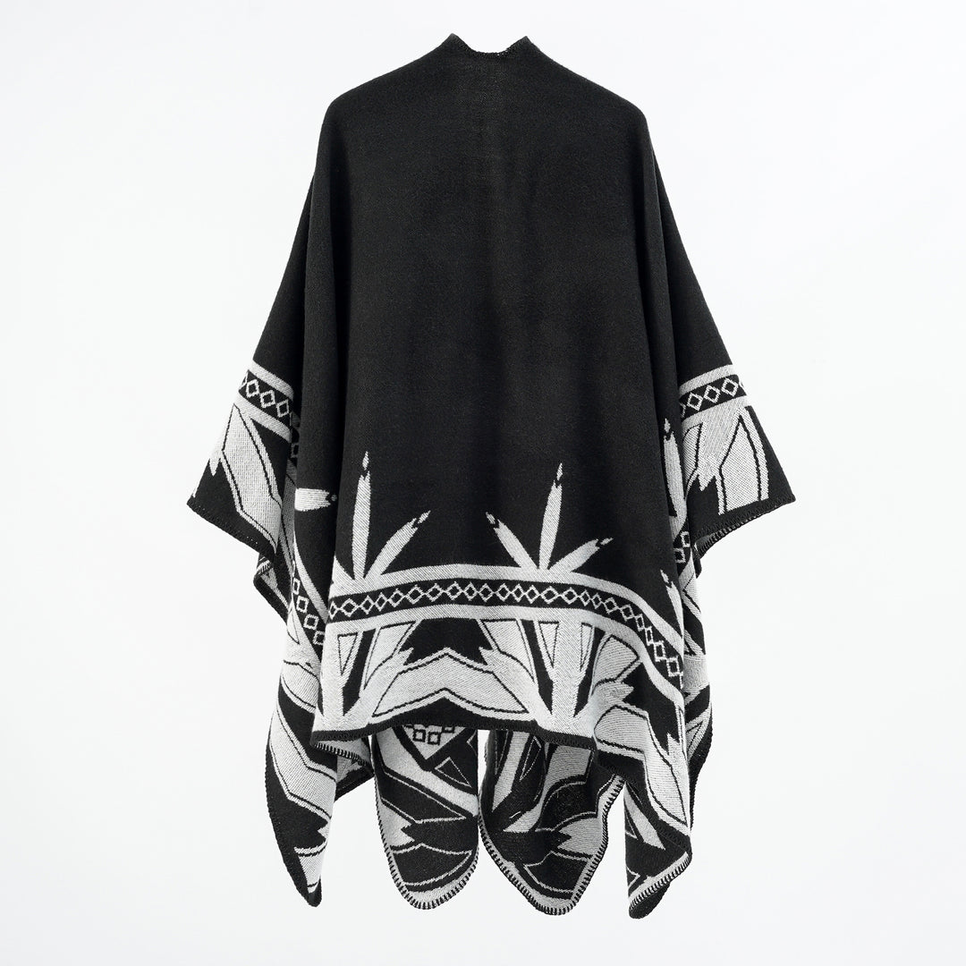 Women's Coarse Woven Poncho Cape made of Wool Blend with V-Neck and Ornamental Jacquard Mune Fashion