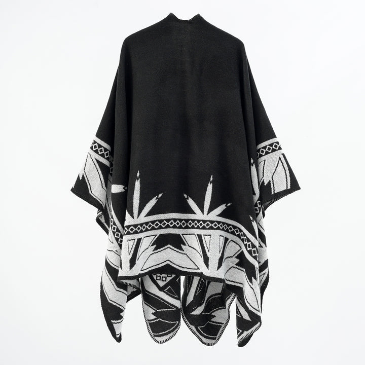 Women's Coarse Woven Poncho Cape made of Wool Blend with V-Neck and Ornamental Jacquard Mune Fashion