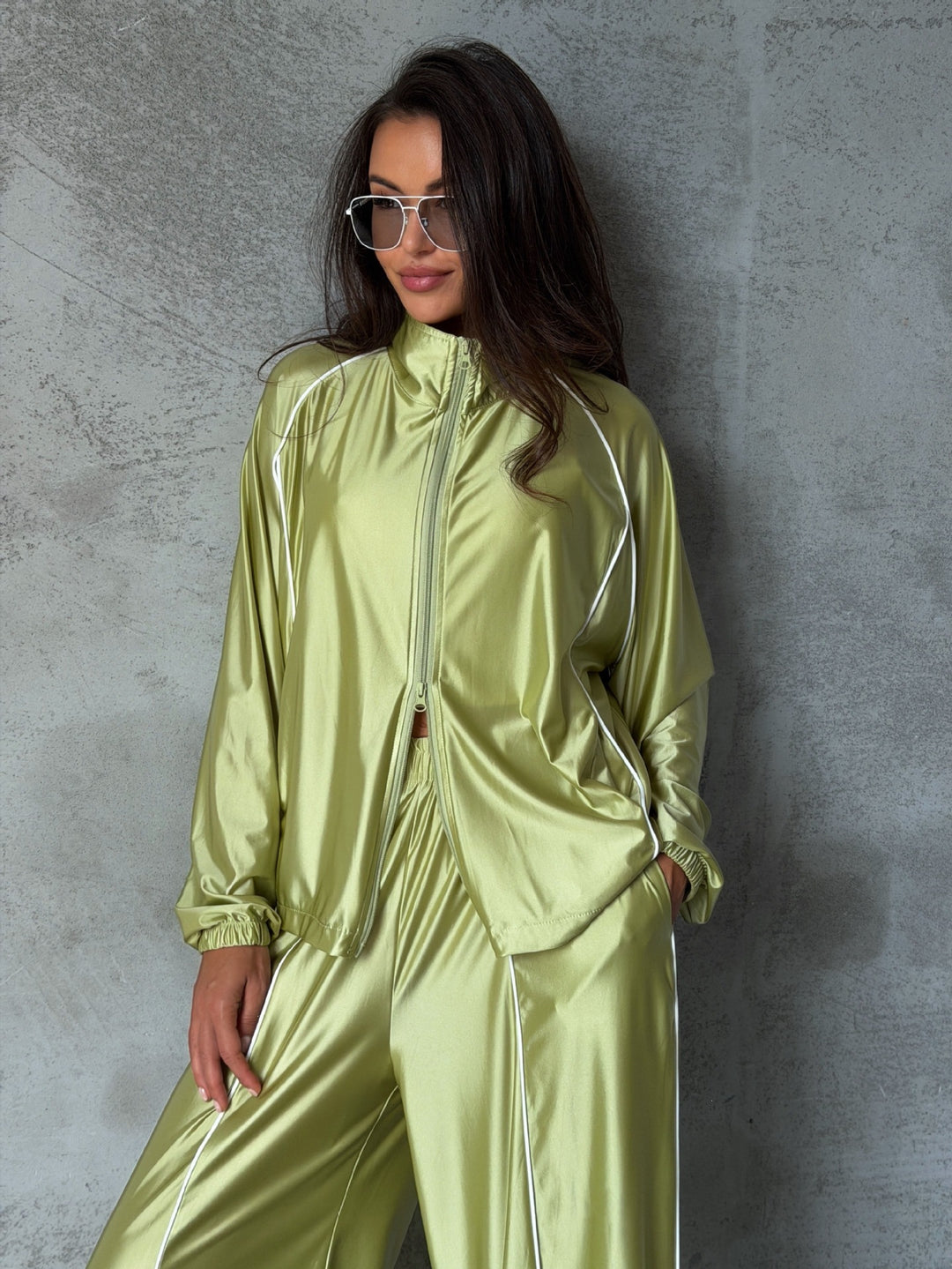 Women's Satin Tracksuit with Zip Jacket and Loose Elastic Waist Pants Mune Fashion