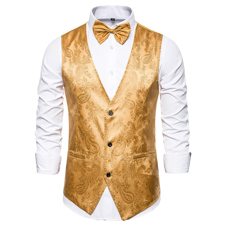 Men's tailored satin vest with ornamental jacquard pattern, V-neck and three buttons Mune Fashion