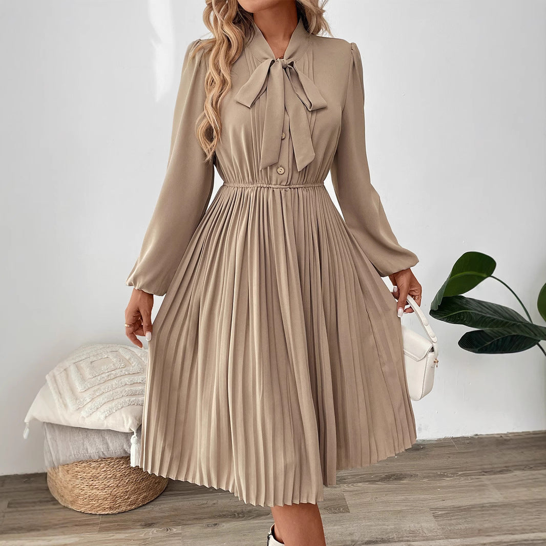 Women Pleated Midi Dress with Tie Collar, Elastic Waistline and Long Balloon Sleeves Mune Fashion