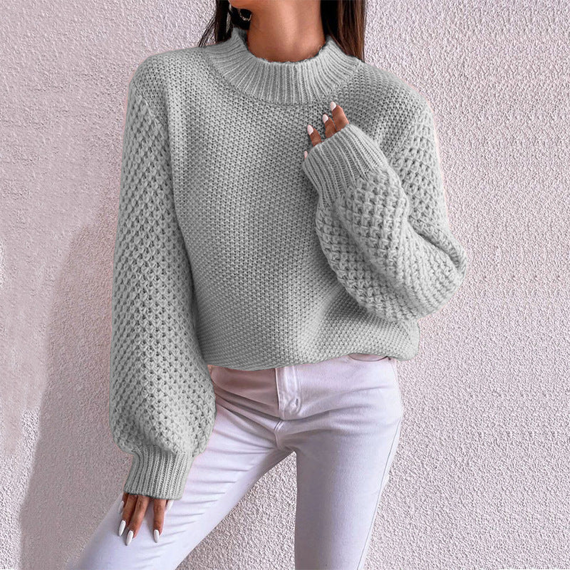 Women's Short-Cut Chunky Knit Sweater with Voluminous Mesh-Structure Sleeves and Stand-Up Collar Mune Fashion