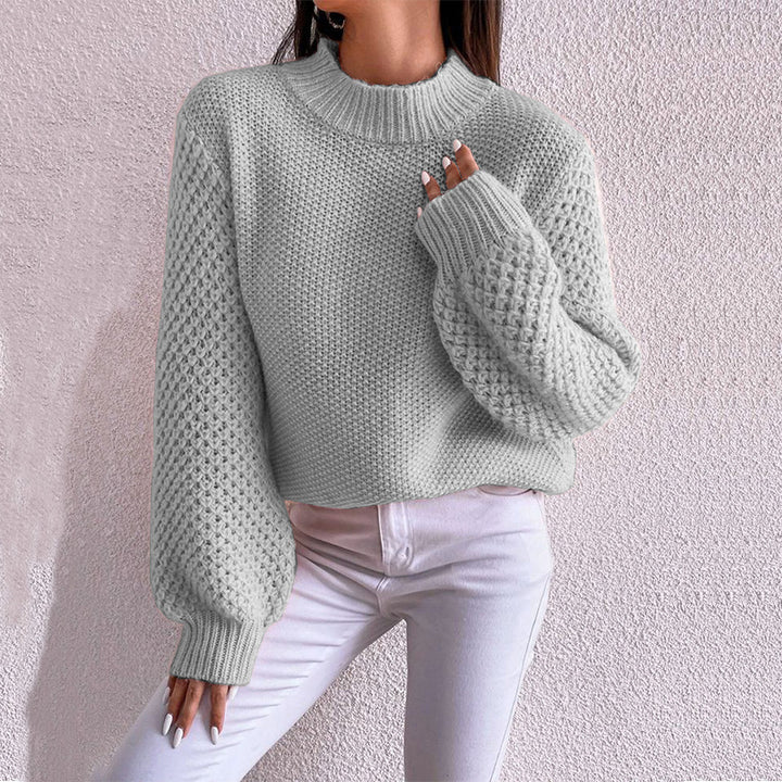 Women's Short-Cut Chunky Knit Sweater with Voluminous Mesh-Structure Sleeves and Stand-Up Collar Mune Fashion