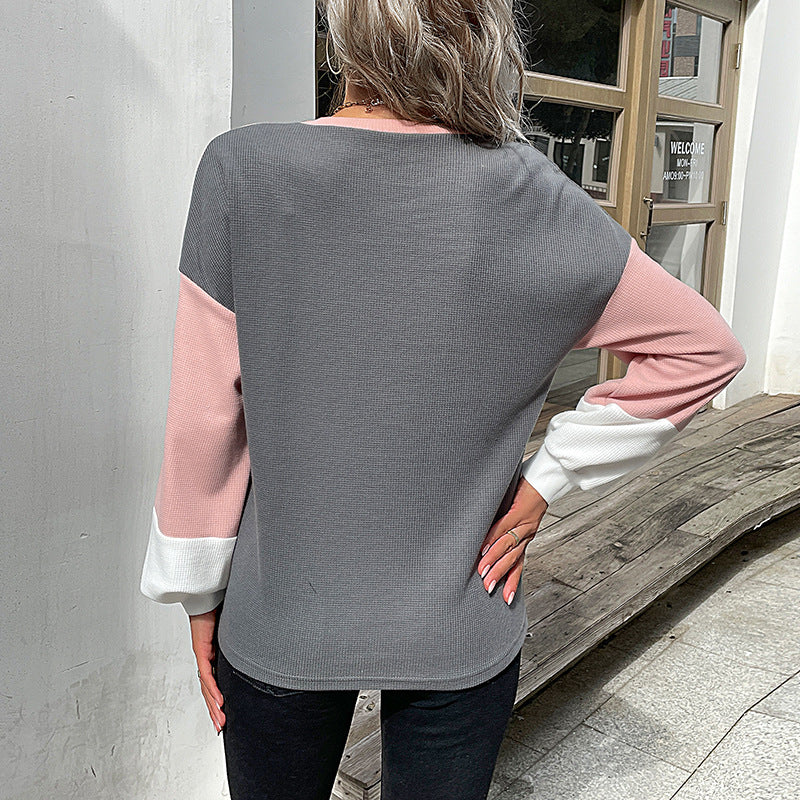 Women's Colorblock Waffle Knit Sweatshirt with Round Neck and Casual Fit Mune Fashion