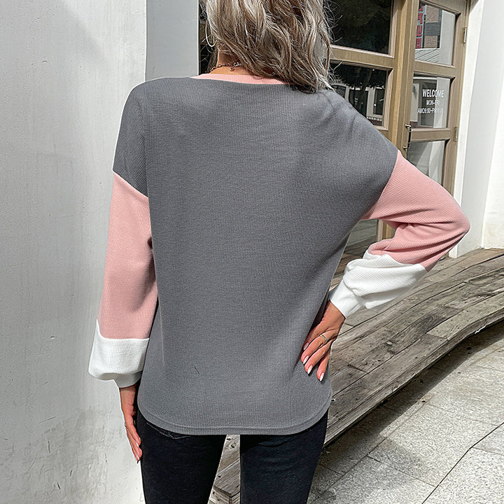 Women's Colorblock Waffle Knit Sweatshirt with Round Neck and Casual Fit Mune Fashion