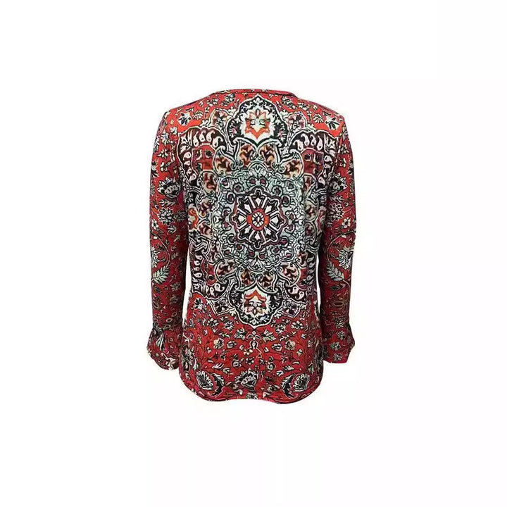 Women's Long Sleeve Blouse with Ornamental Mandala Print and V-Neck