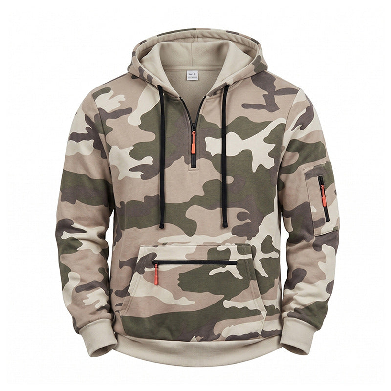Men's Hooded Sweatshirt Camouflage with Fleece Lining, Half Zip and Zipper Pockets Mune Fashion