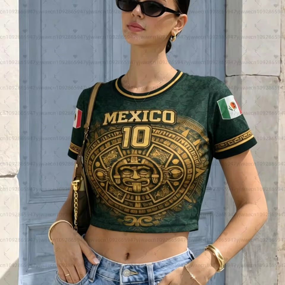Women nan short Crop-T-Shirt with Aztec pattern and flag patches Mune Fashion