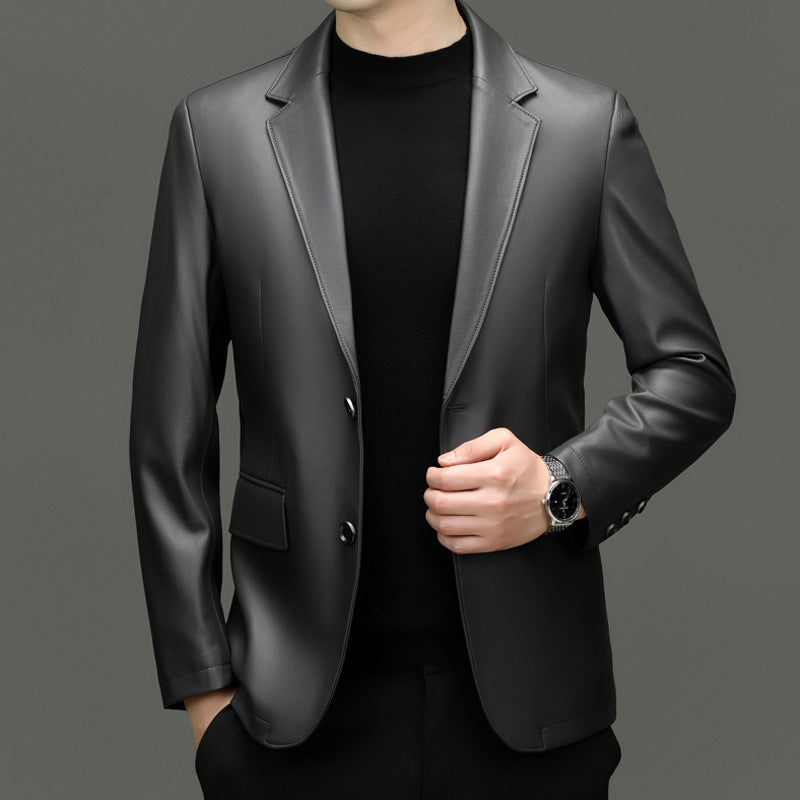 Men's Slim Jacket made of Faux Leather with Subtle Lapel and Single-Button Closure Mune Fashion
