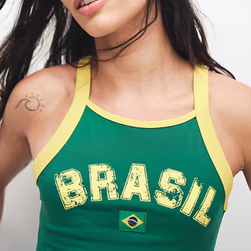 Women's sleeveless halter top with a fitted silhouette and embroidered Argentina lettering Mune Fashion