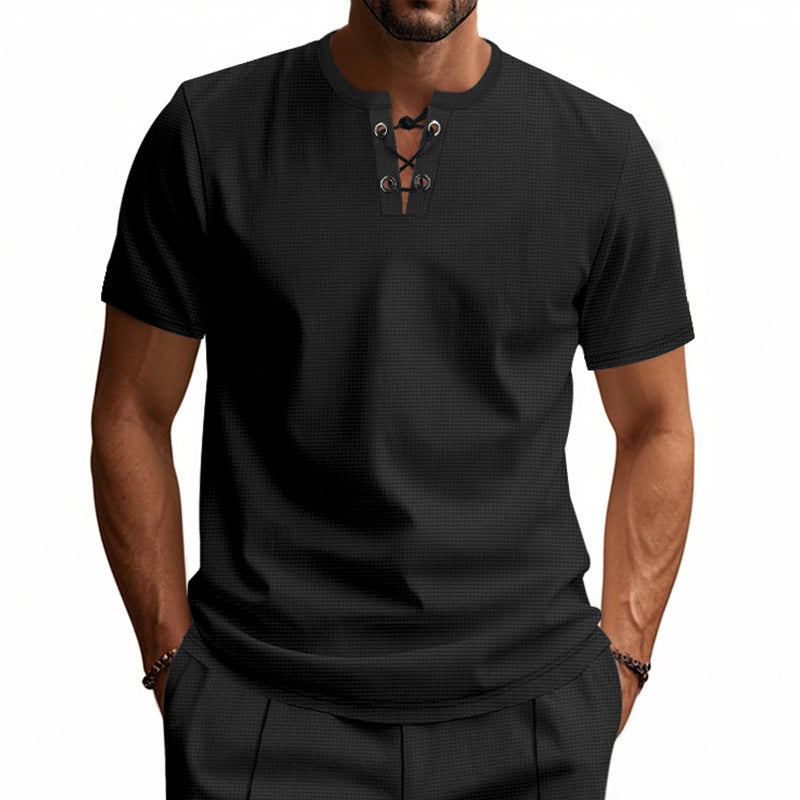 Men's short-sleeve shirt with lacing at the neckline and waffle texture Mune Fashion