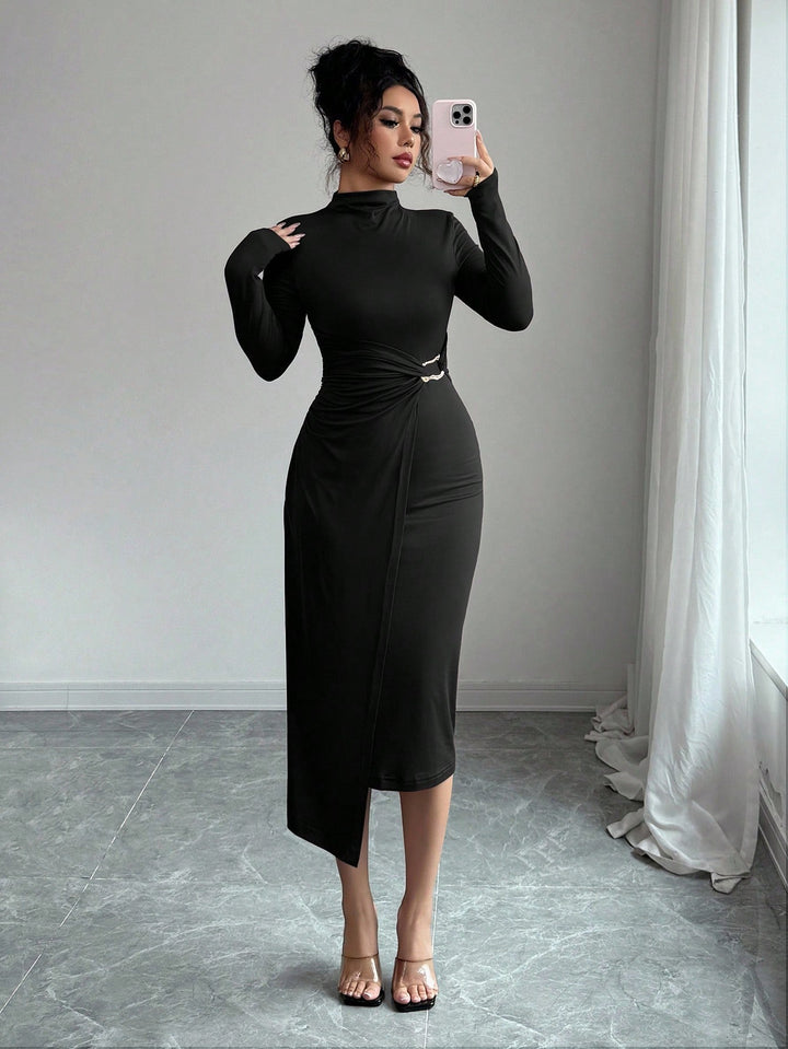 Ladies' figure-hugging midi dress with stand-up collar, waist gathering, and asymmetrical hem Mune Fashion