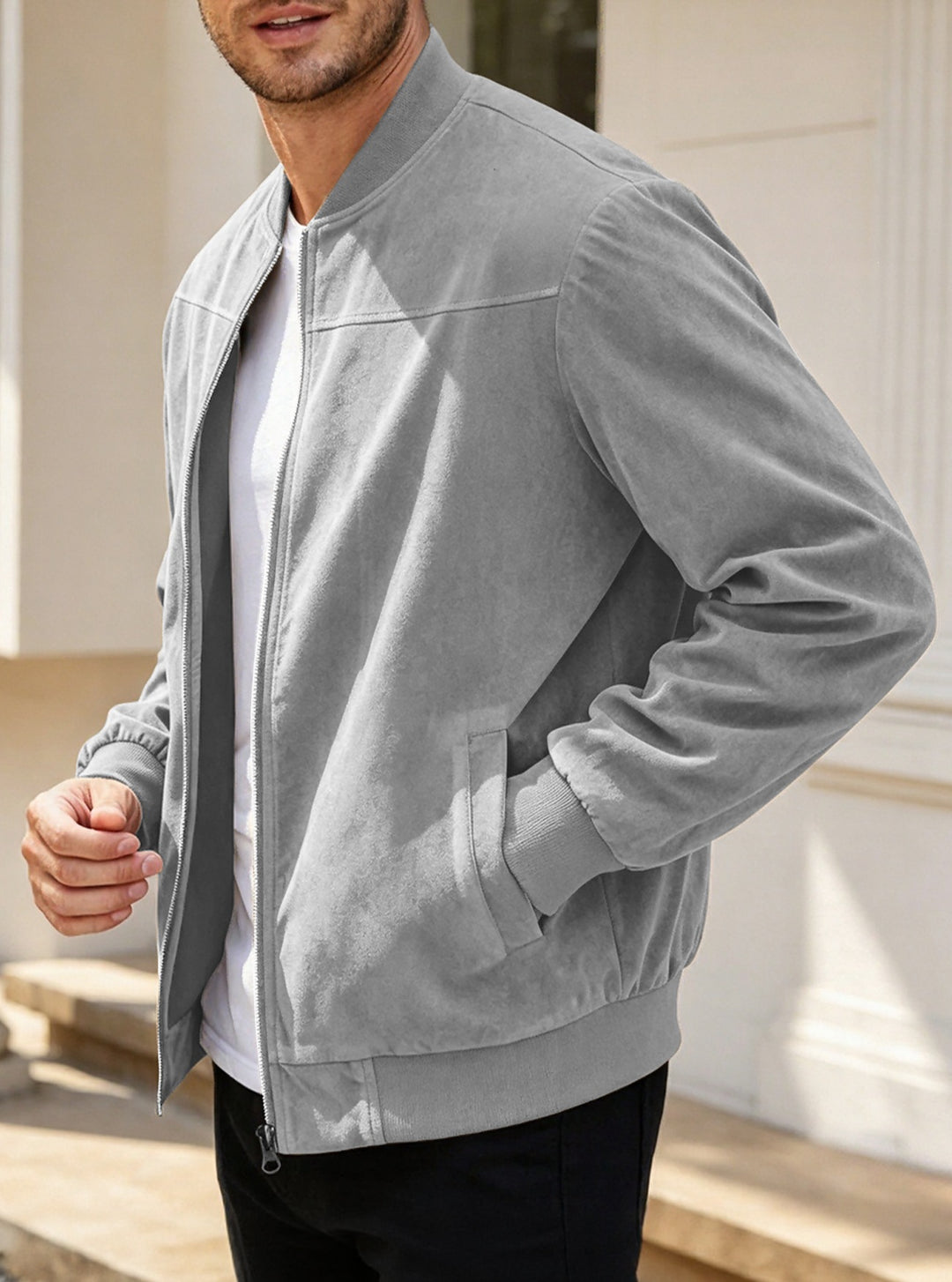 Men's Lightweight Bomber Jacket in Velour Look with Zipper and Ribbed Cuffs Mune Fashion