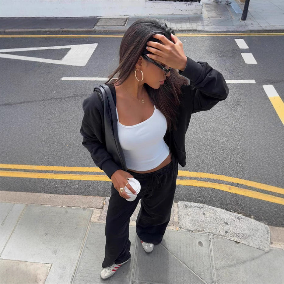 Women's cropped hoodie sweatshirt with oversized sleeves and high-waist wide-leg leisure pants Mune Fashion