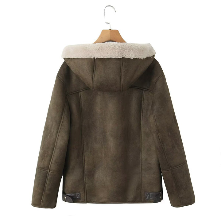 Women's Hooded Lambskin Imitation Bomber Jacket with Teddy Lining and Zip Mune Fashion