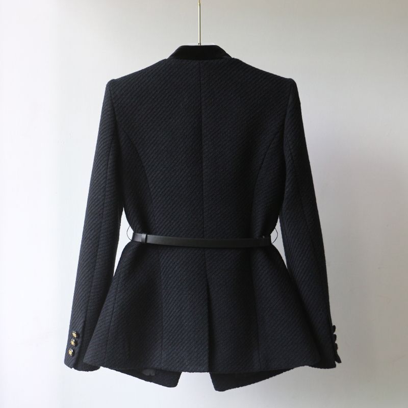 Ladies Elegant Boucle Blazer Jacket with Velvet Trim and Waist Belt Mune Fashion