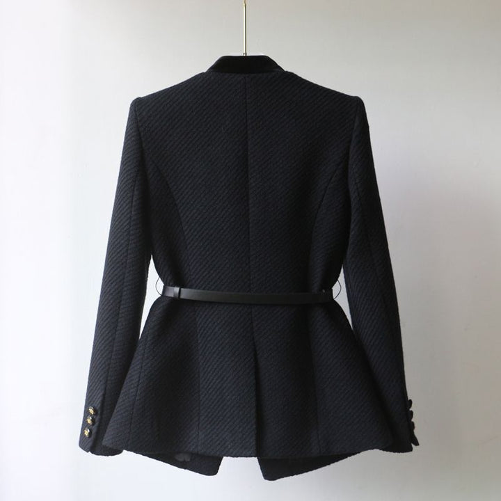 Ladies Elegant Boucle Blazer Jacket with Velvet Trim and Waist Belt Mune Fashion