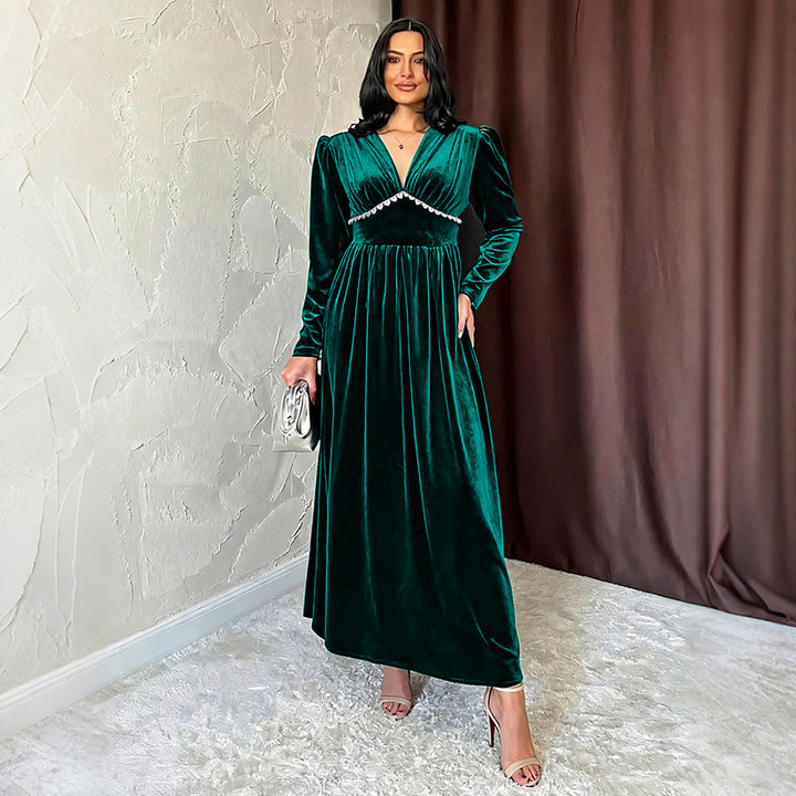Women Elegant Maxi Dress with V-Neck and Ruffles Mune Fashion