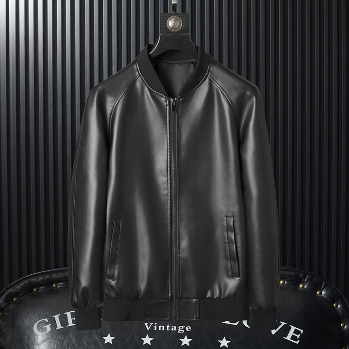 Men's Vegan Faux Leather Bomber Jacket with Ribbed Cuffs Mune Fashion