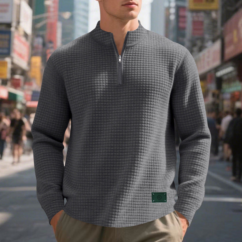 Men's nano lightweight waffle knit pullover with short collar zipper and rounded hem Mune Fashion