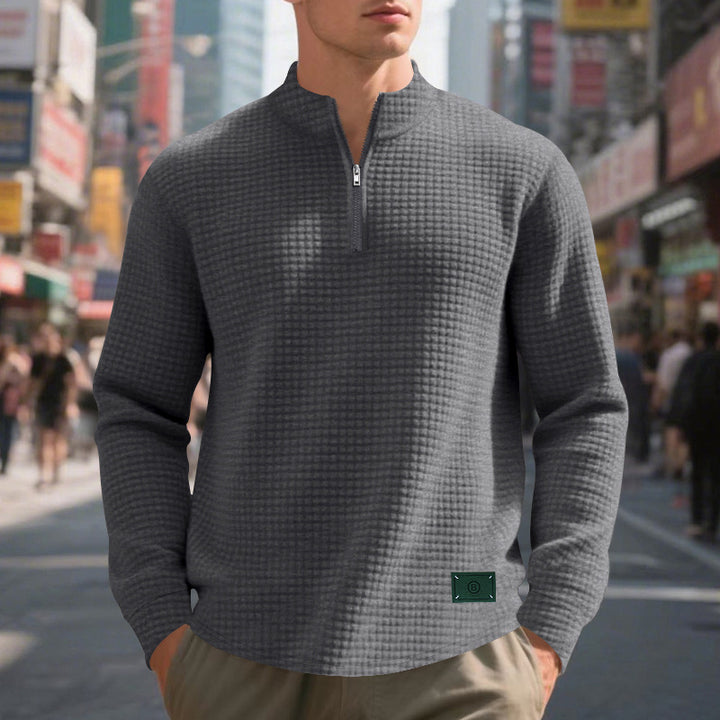 Men's nano lightweight waffle knit pullover with short collar zipper and rounded hem Mune Fashion