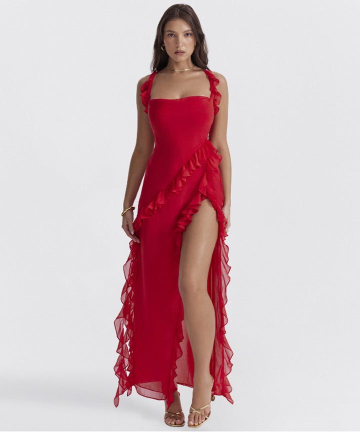 Women long evening dress with square neckline, shoulder ruffle straps, and high leg slits Mune Fashion