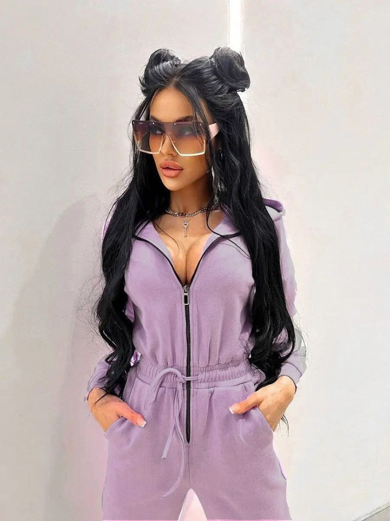 Women's cozy hooded jumpsuit with zipper and fitted drawstring Mune Fashion