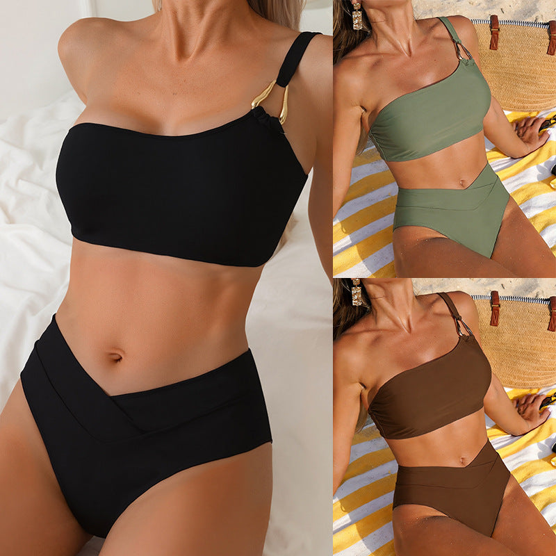 Ladies High-Waisted Bikini Set with Asymmetrical Top Mune Fashion