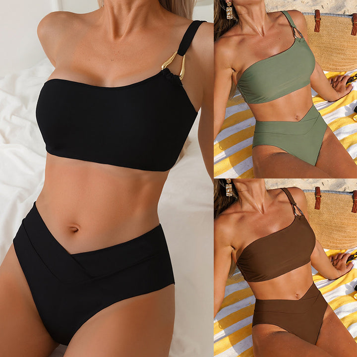 Ladies High-Waisted Bikini Set with Asymmetrical Top Mune Fashion