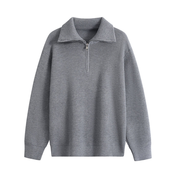 Men's Half-Zip Knit Sweater with Ribbed Texture and Large Turn-Down Collar Mune Fashion