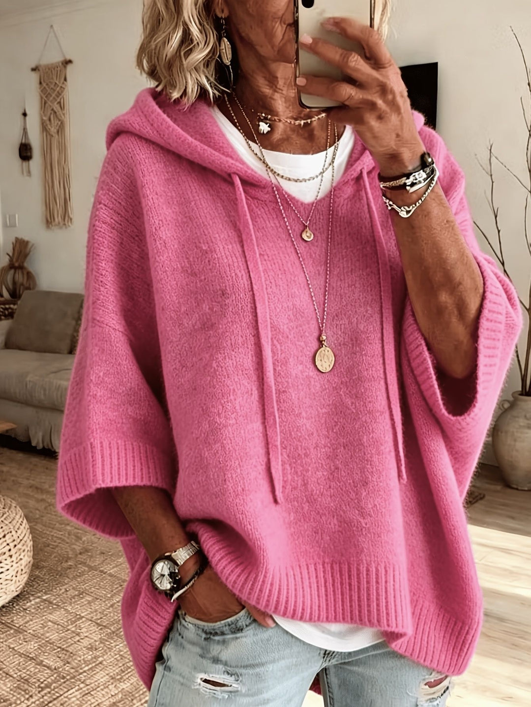 Women's oversized knit poncho with hood and short sleeves Mune Fashion