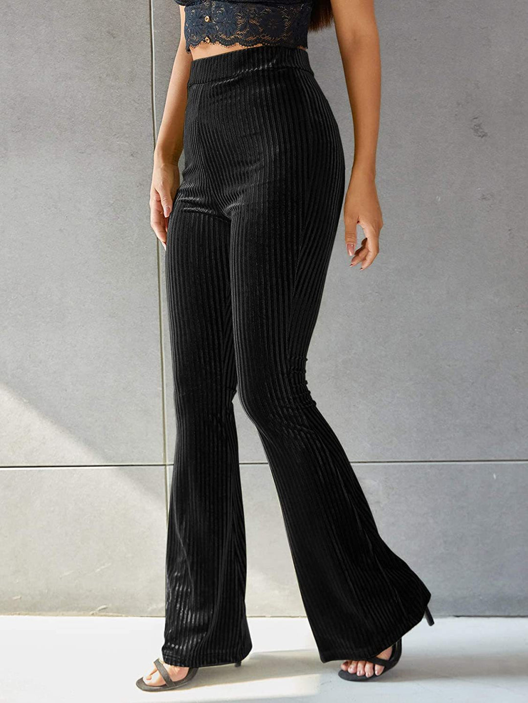 Women's high-waisted ribbed velvet flare trousers with wide flare and elastic waistband Mune Fashion