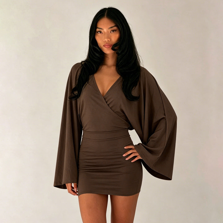 Women's wrap mini dress with kimono sleeves, tailored bodice seam, and stretchy jersey Mune Fashion