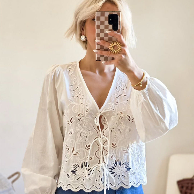 Women's Light Embroidery Anglaise Lace Blouse with V-Neck, Ties and Balloon Sleeves Mune Fashion