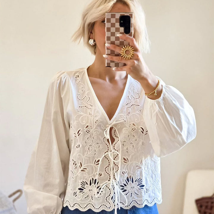 Women's Light Embroidery Anglaise Lace Blouse with V-Neck, Ties and Balloon Sleeves Mune Fashion