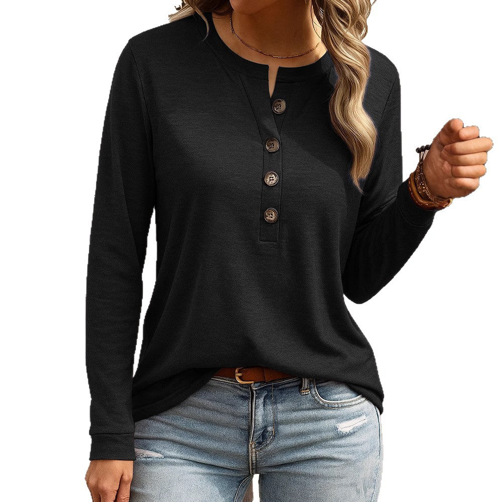 Women's Long Sleeve Henley Shirt with Button Placket and Notch Neckline Mune Fashion