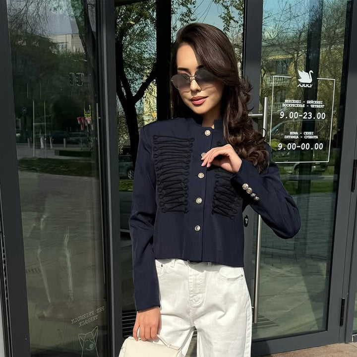 Women Short Cut Military Inspired Trim Jacket with Cord Applications and Decorative Buttons Mune Fashion