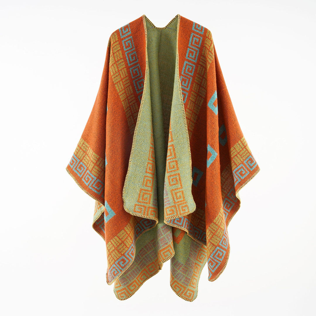 Women's Kastiger Wool Blend Ruana with Contrasting Inner Lining and Graphic Jacquard Design