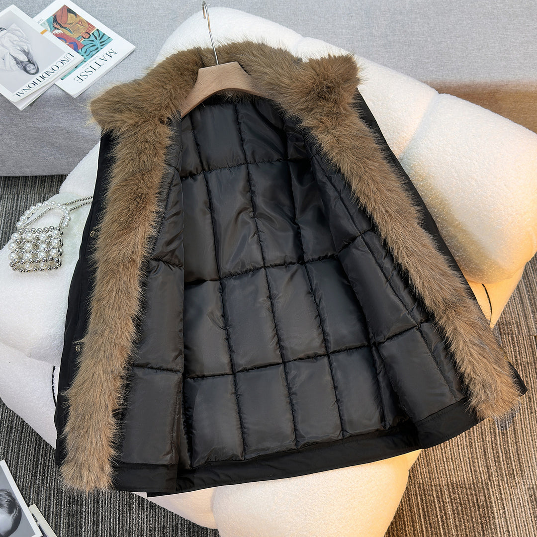 Women's mid-length windproof winter parka with detachable faux fur collar, padded inner flap and asymmetrical hem Mune Fashion