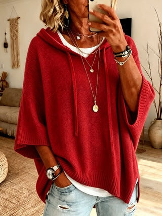 Women's oversized knit poncho with hood and short sleeves Mune Fashion