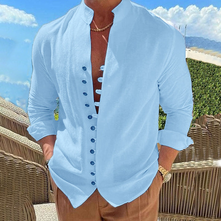 Men's linen look summer casual shirt with stand-up collar, decorative button placket, and roll-up sleeves Mune Fashion