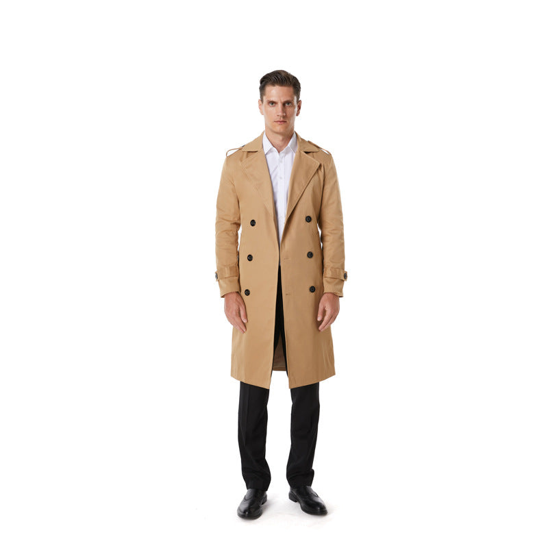 Men's Knee-Length Trench Coat in Classic Double-Breasted with Shoulder Straps and Waist Belt Mune Fashion