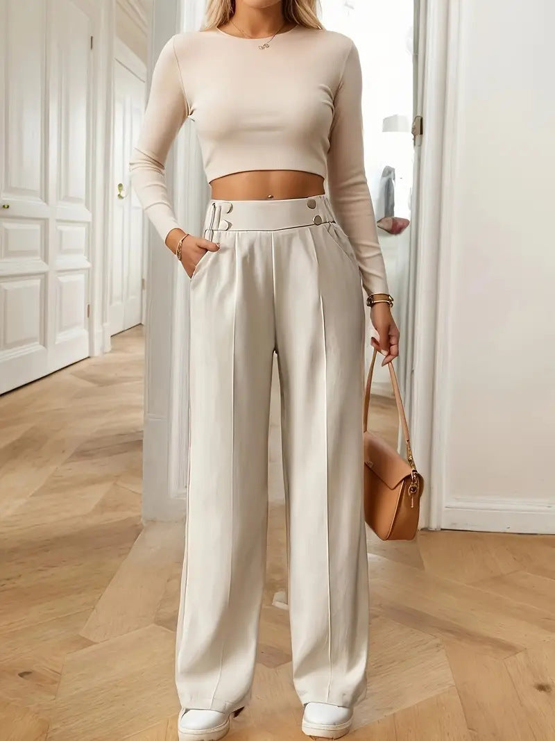 Women's High-Waisted Wide Marlene Pants with Decorative Button Waistband and Ironed Pleat Mune Fashion