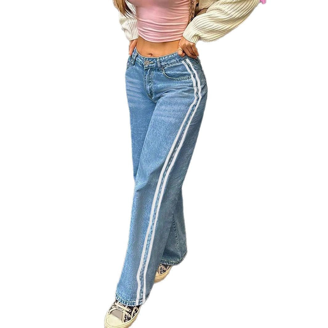 Ladies wide denim jeans with sporty side stripe Mune Fashion