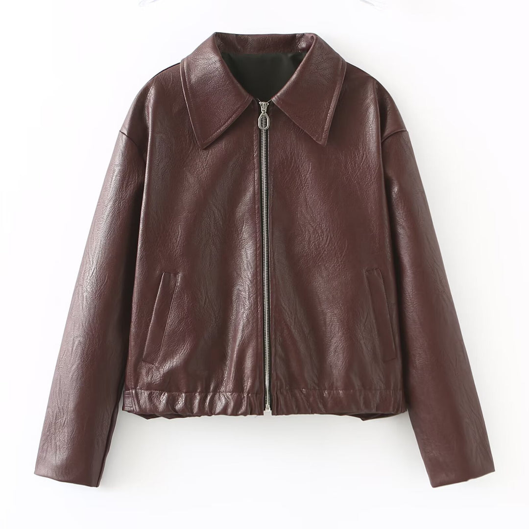 Women Short Oversized Leather Look Jacket with Zipper, Hem Band and Kent Collar Mune Fashion