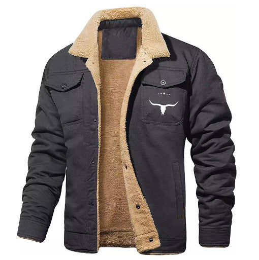 Men's Sherpa-lined canvas work jacket with胸口 pockets Mune Fashion