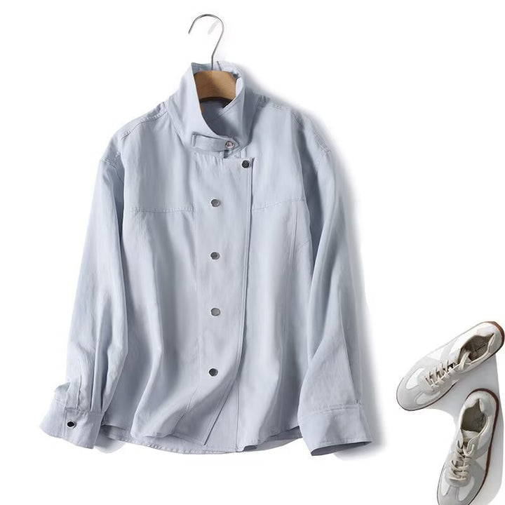 Women Light Oversized Blouse Jacket with Stand Collar and Concealed Snap Button Placket Mune Fashion