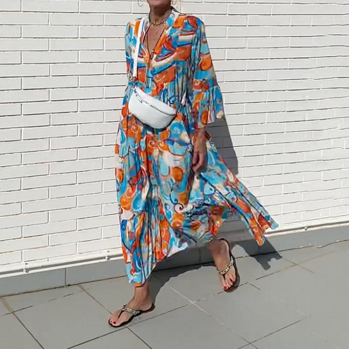 Women's airy maxi dress with watercolor print, V-neck, half button placket and tiered skirt Mune Fashion