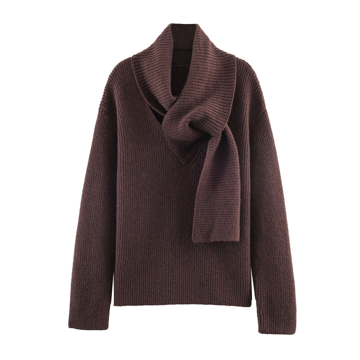 Women chunky knit pullover with integrated shawl collar Mune Fashion